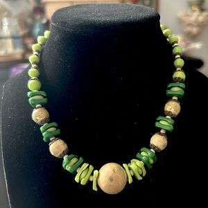 Vintage Green Multicolor Shell Wooden or Clay Beaded Choker Necklace